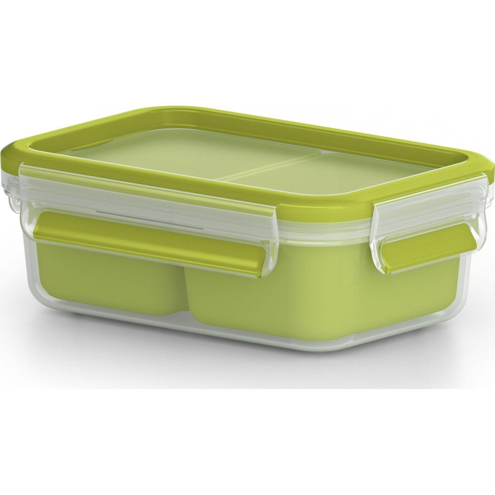 Grüne, rechteckige Brotdose mit zwei Fächern und durchsichtigem Deckel.