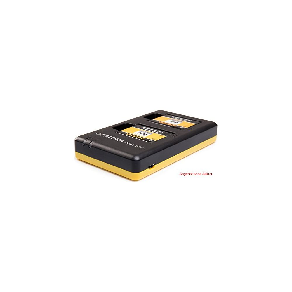 Un caricabatterie nero e giallo a doppio slot.