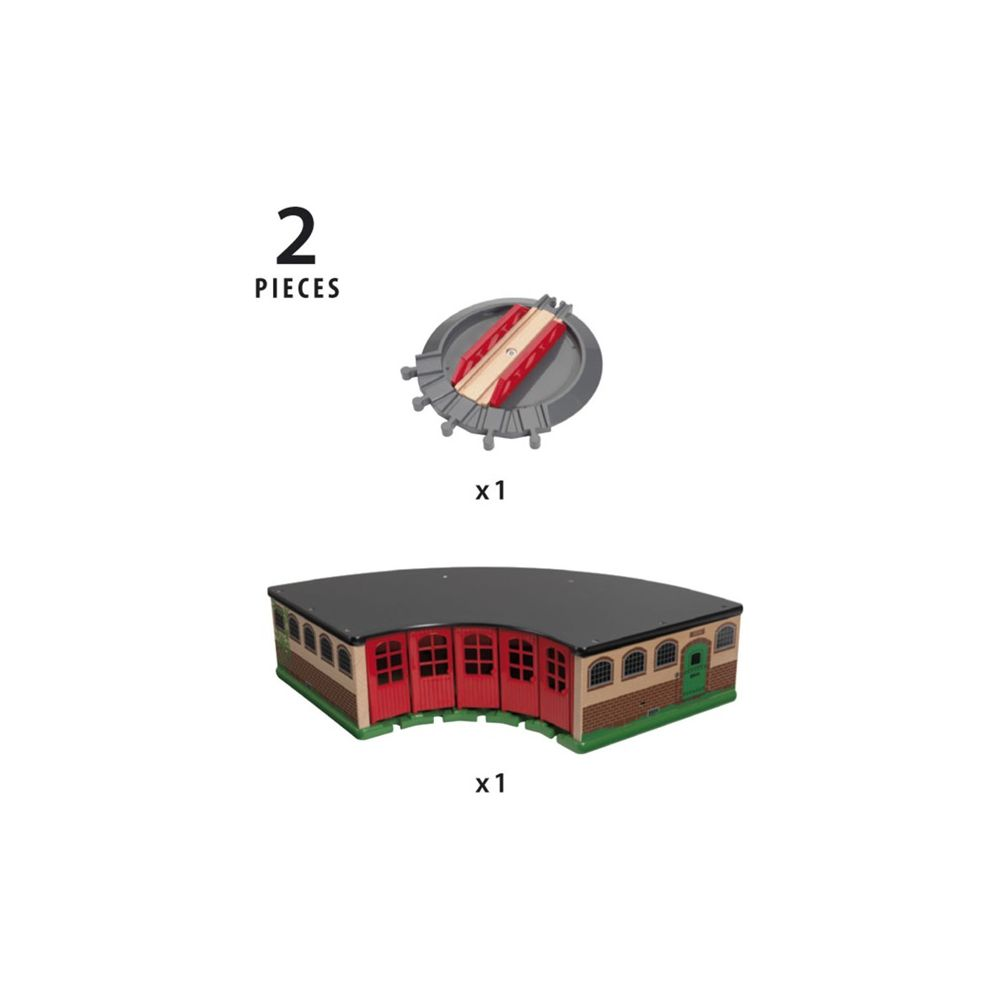 Ein Spielzeug-Lokschuppen und ein Drehschemel-Set.
