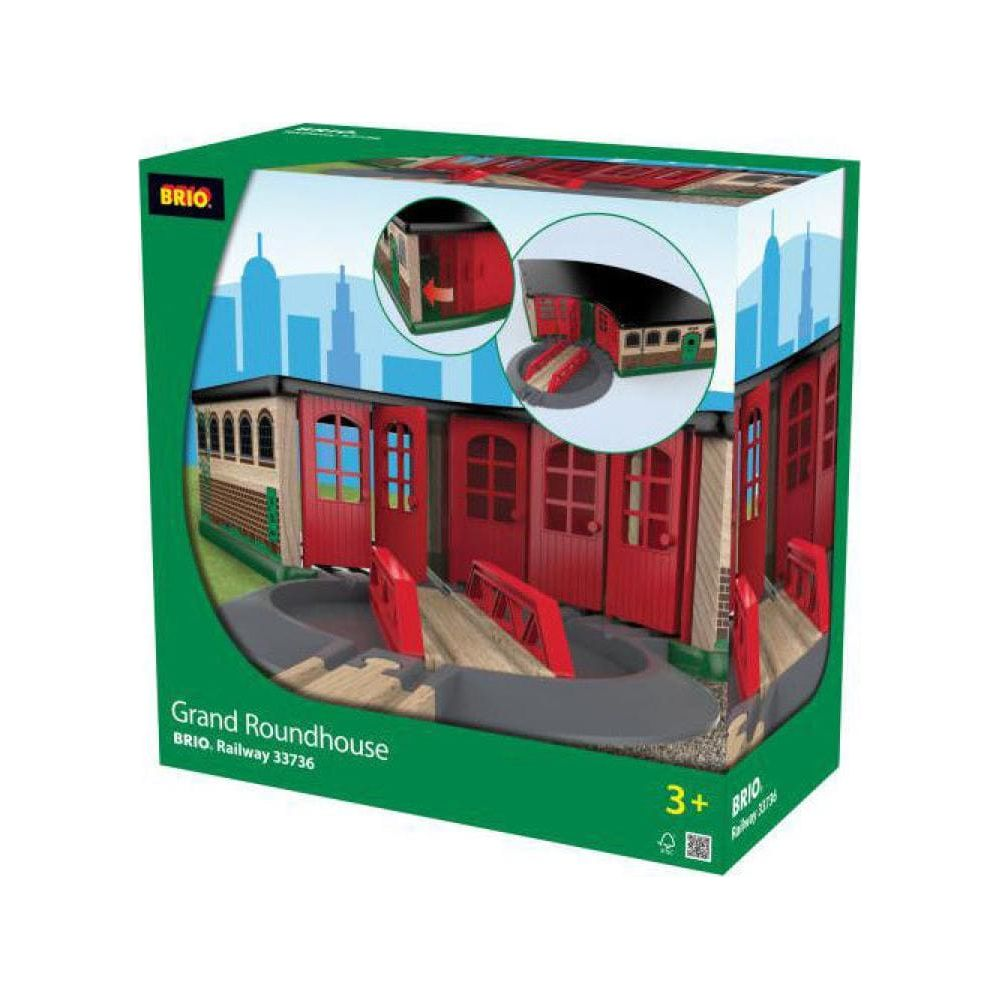 BRIO Grand Roundhouse Spielzeug-Eisenbahn-Set mit roten Türen und Gleisen.
