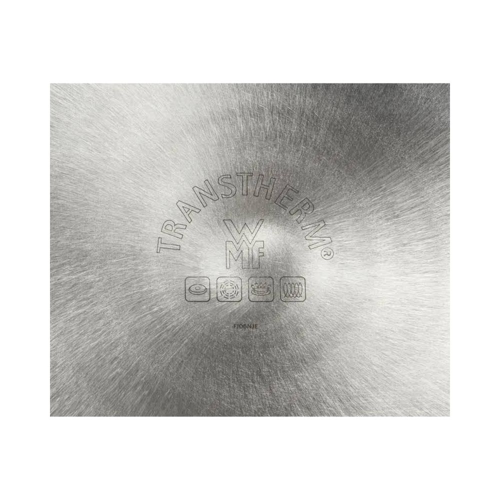 Srebrna metalowa powierzchnia z logo "TRANSTHERM" i symbolami gotowania.