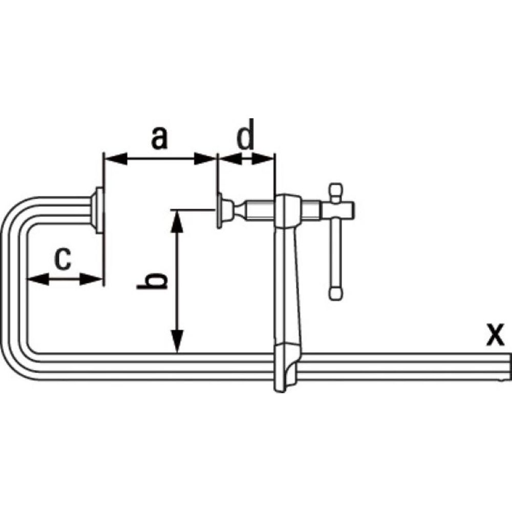 Technische Zeichnung einer Klemme mit Maßangaben a, b, c, d und X.
