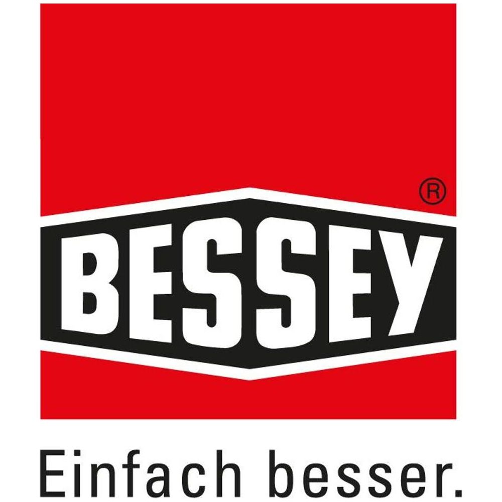 Logo mit Text BESSEY in Weiß auf schwarzer Form, rotem Hintergrund und Slogan.