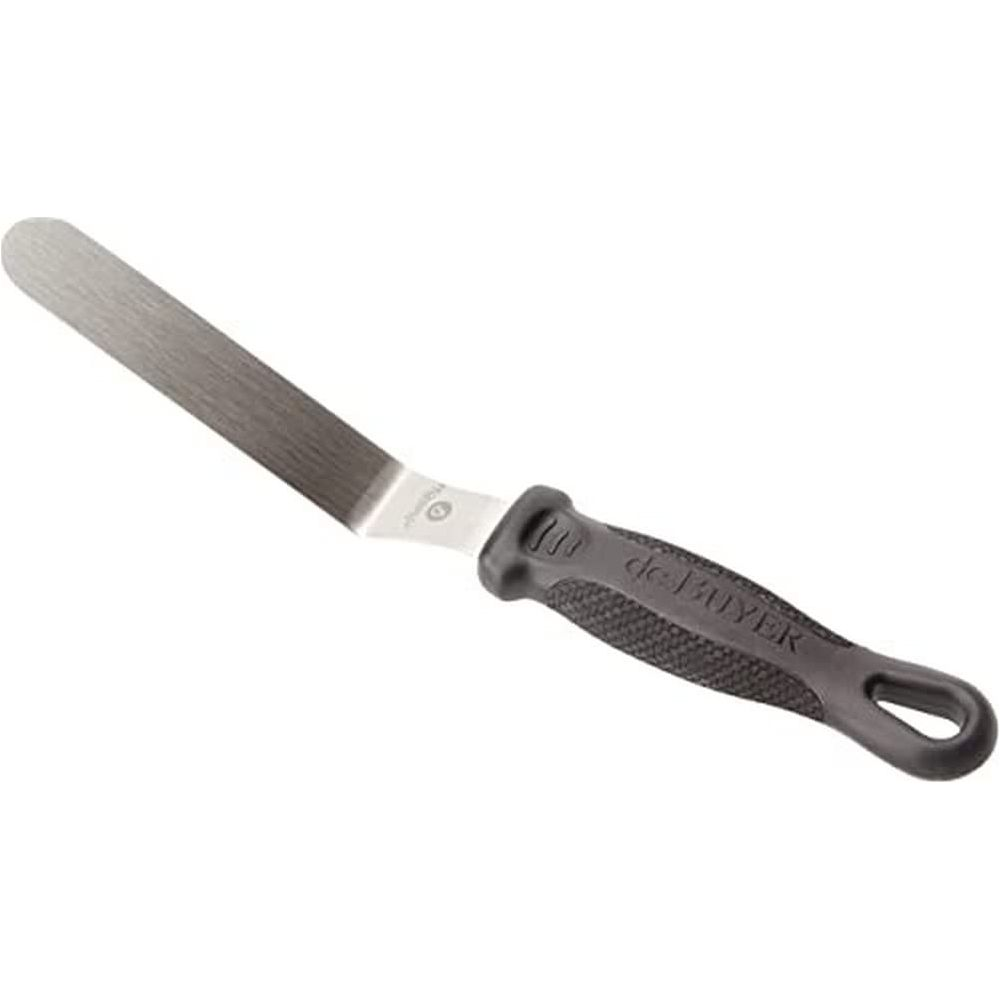 Ein schmaler, metallener Spatel mit schwarzem, gummiertem Griff.