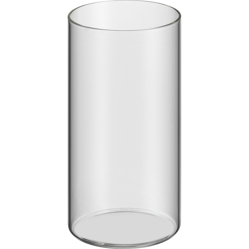 Ein leerer, klarer Glaszylinder steht auf weißem Hintergrund.