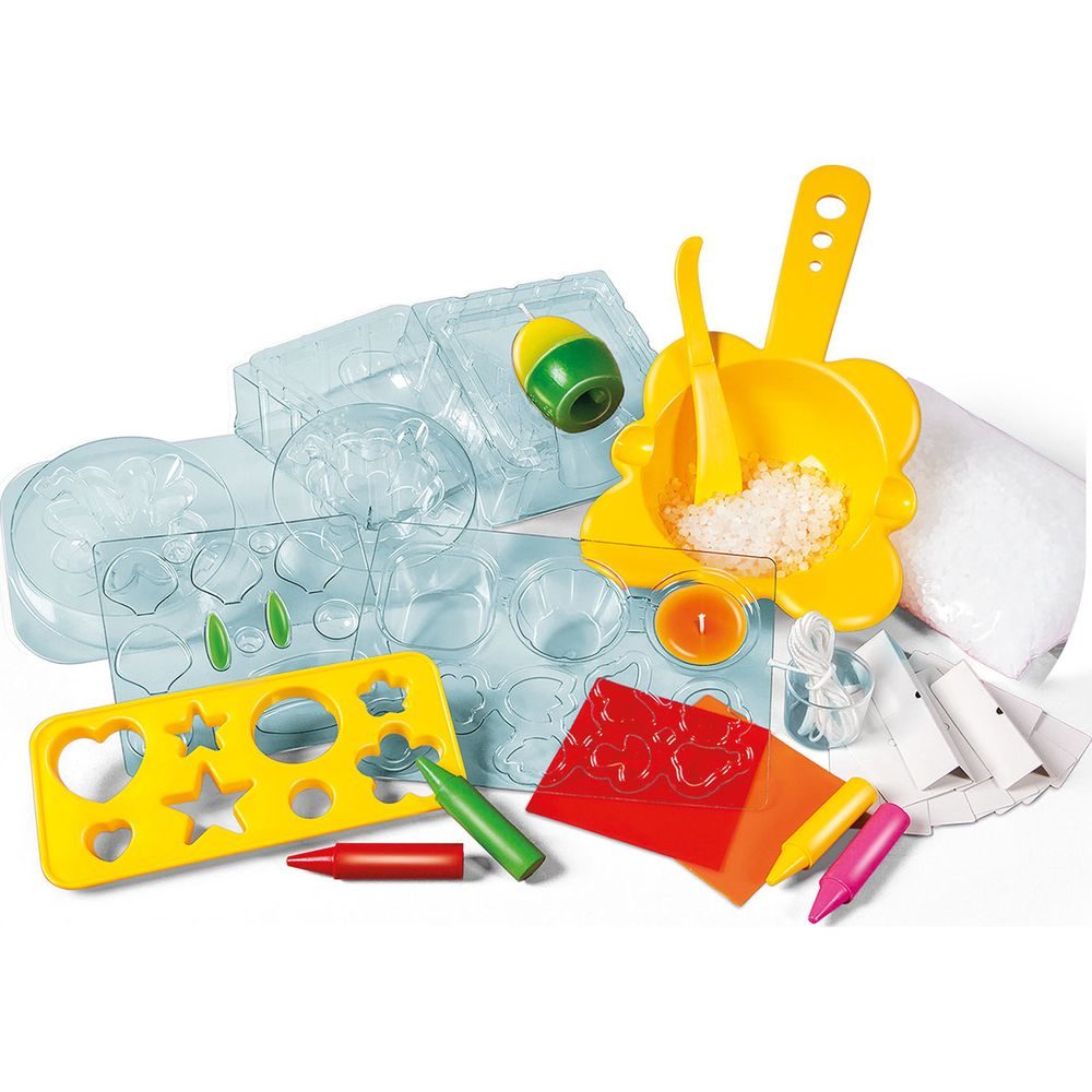 Zestaw do rękodzieła z foremkami, woskiem, świecami, kredkami i miską.