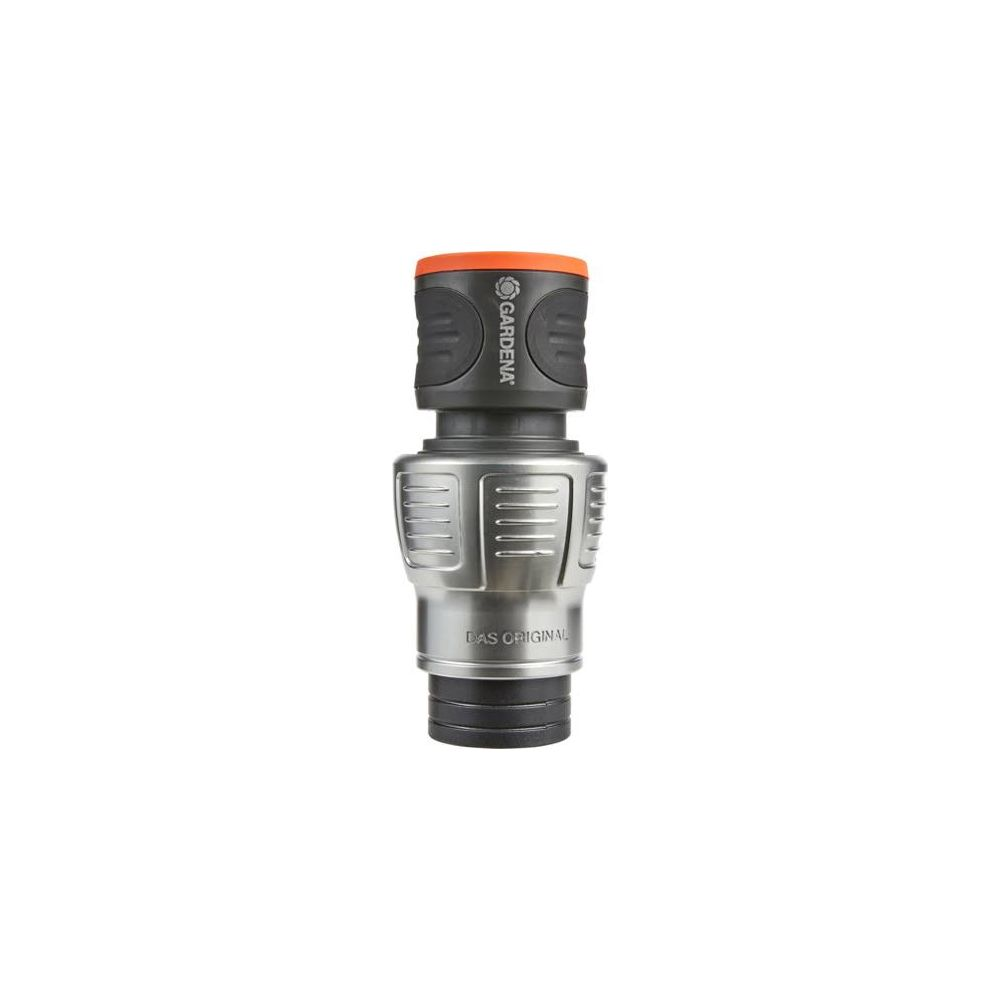 Connettore grigio per tubo da giardino con impugnatura arancione e "Das Original".