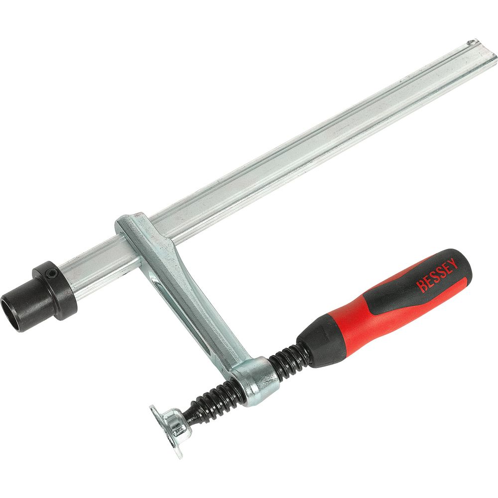 Ein Bessey-Klemmbock mit rotem Griff und schwarzer Kappe auf weißem Hintergrund.