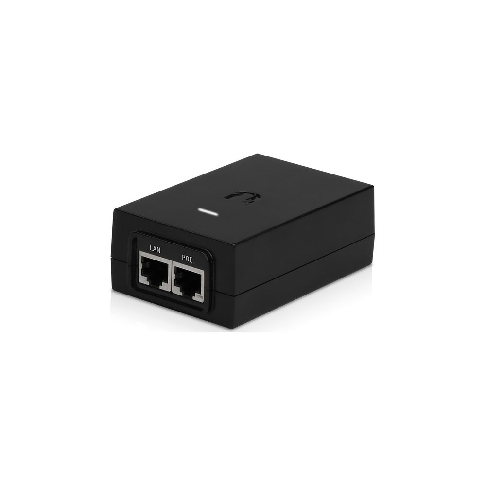 Czarny iniektor PoE z dwoma portami Ethernet: LAN i PoE.