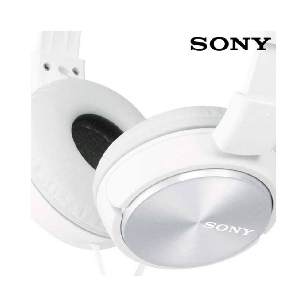 White Sony headphones with a silver circular metal surface.