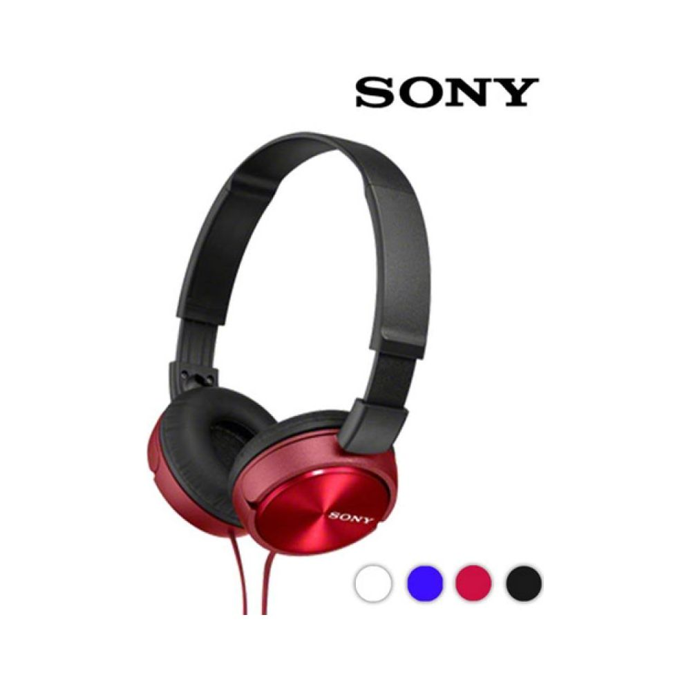 Red Sony headphones with black headband and cord.