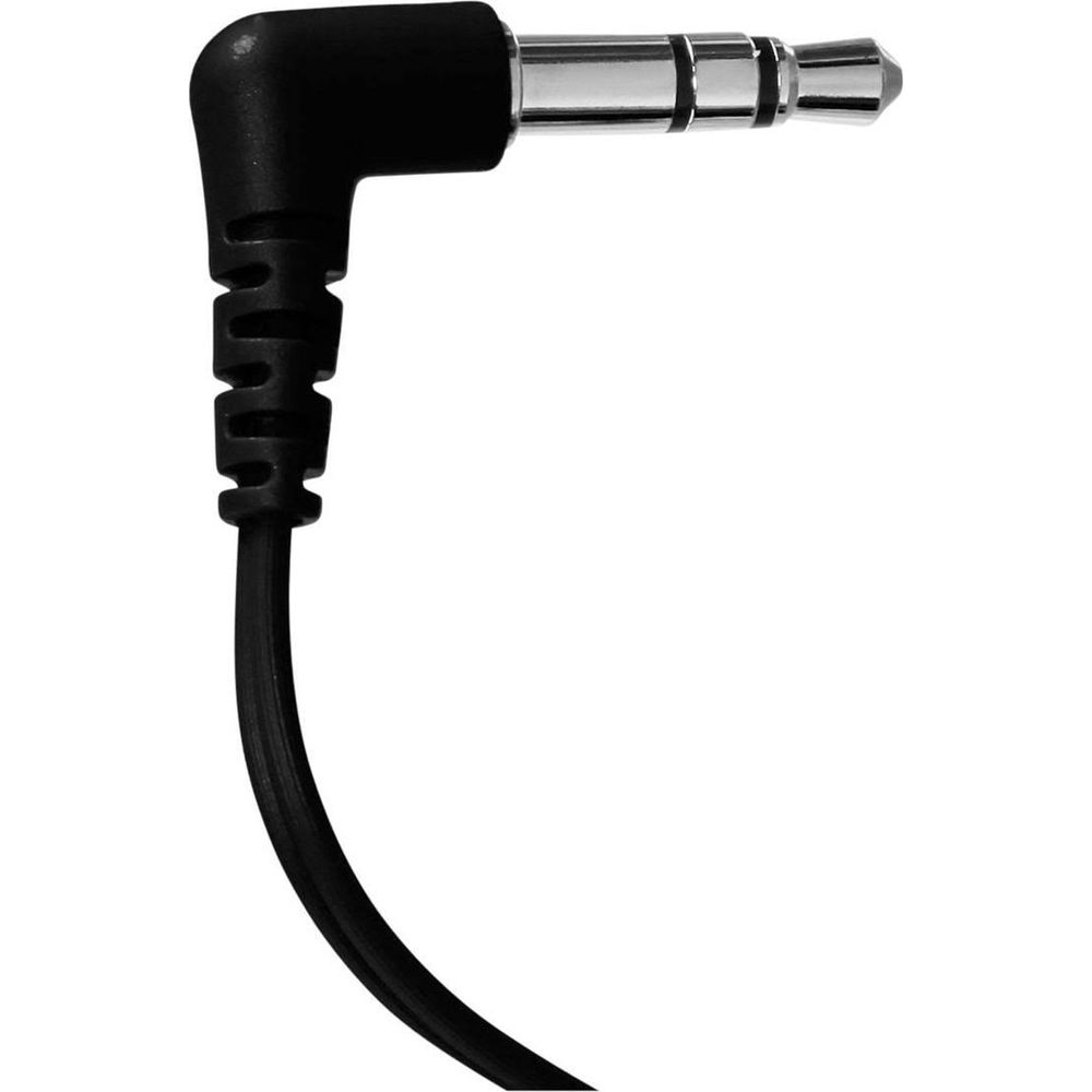 Een zwarte 3,5 mm audiostekker met kabel op een witte achtergrond.