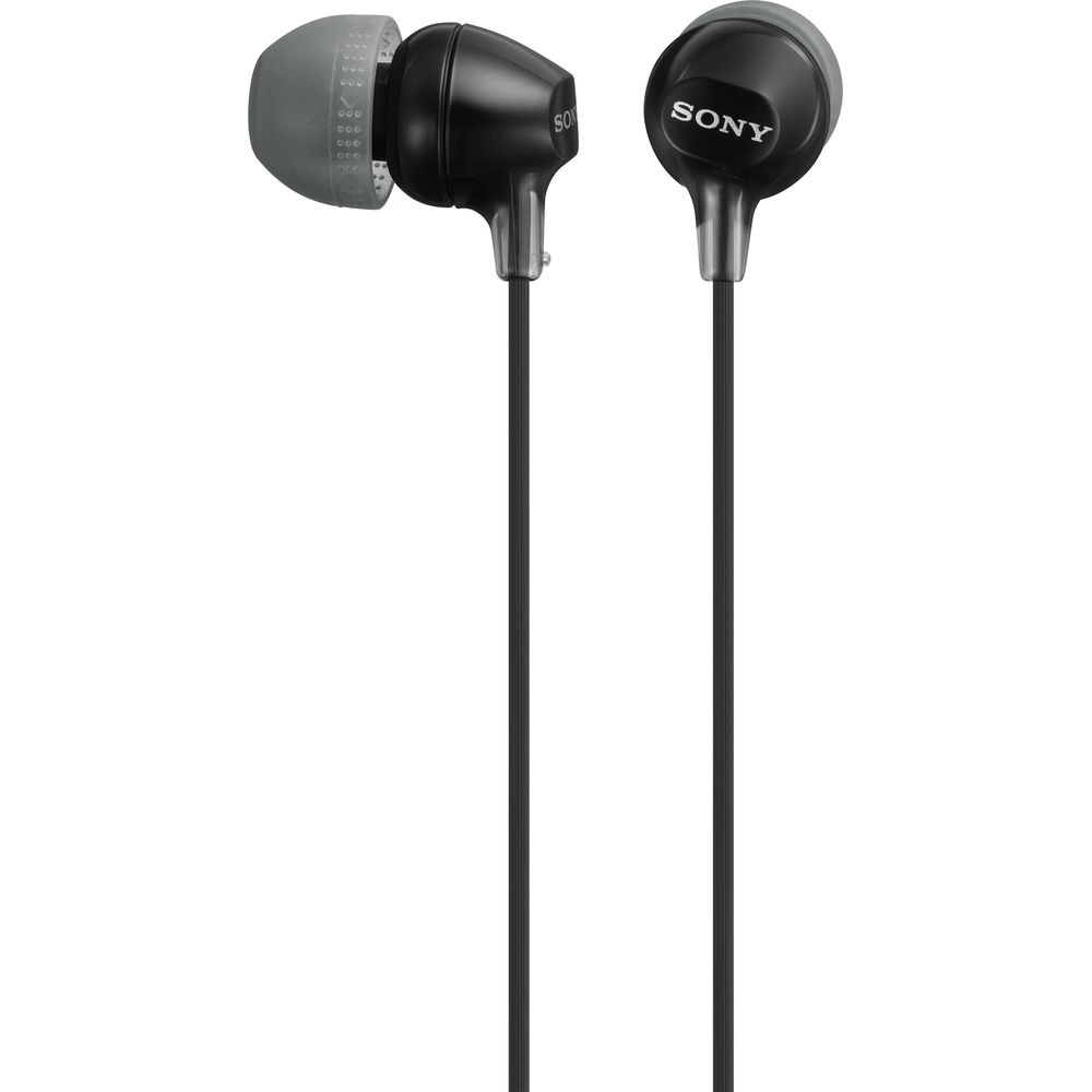 Zwarte Sony oordopjes met grijze oordop en kabel.