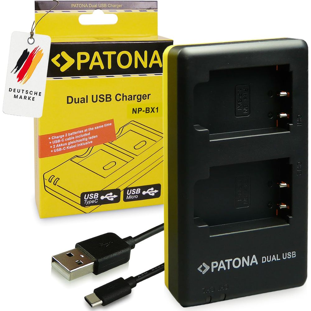 Caricatore doppio USB Patona con cavo e confezione.