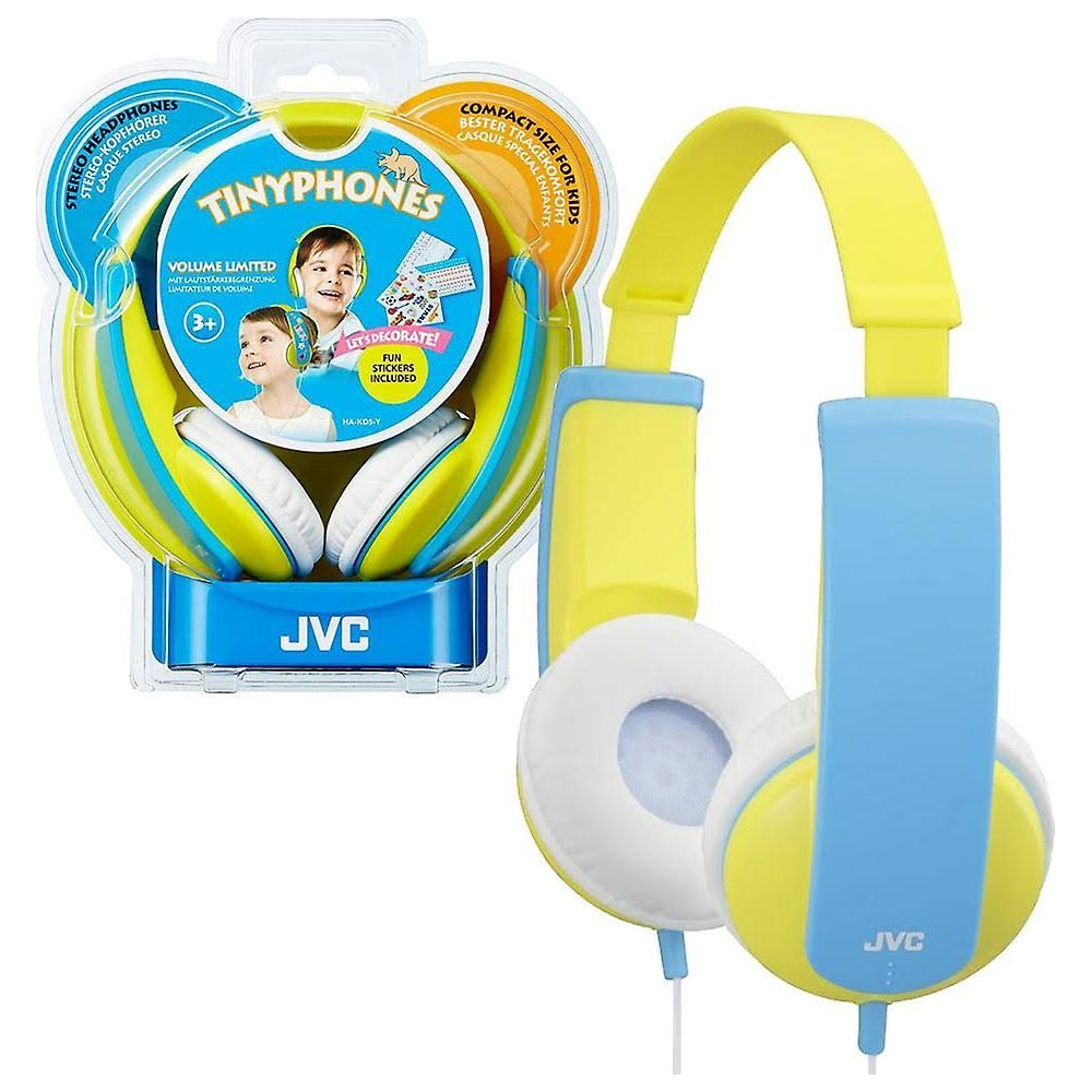 JVC Tinyphones: Gelb-blaue Kinderkopfhörer mit weißem Polster, im Karton.