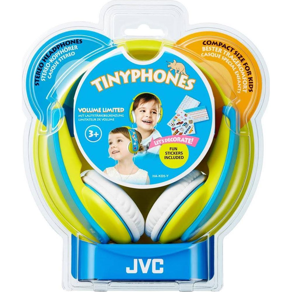 JVC TinyPhones Kinderkopfhörer in Blau und Grün mit Aufklebern.