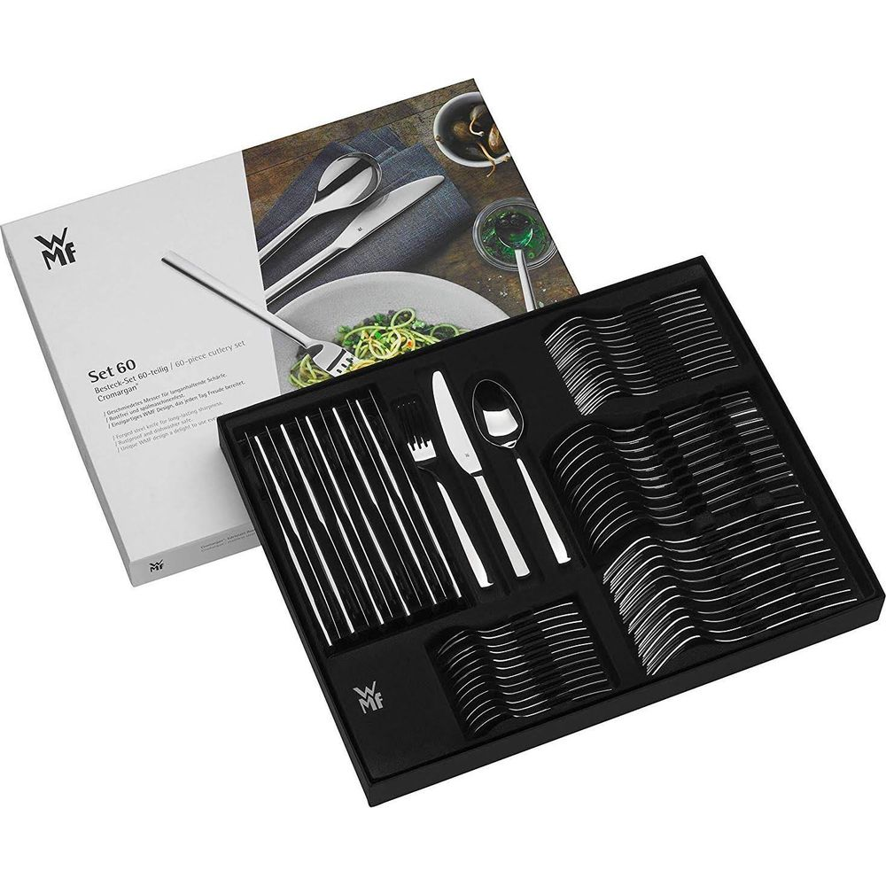 Ein Set 60-teiliges Besteck aus Edelstahl mit Löffeln, Gabeln und Messern in einer schwarzen Box.