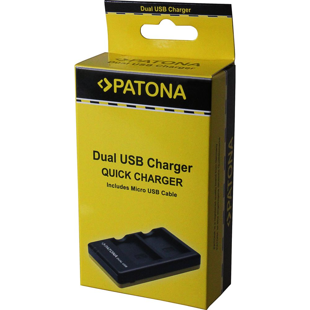 Patona Dual USB Charger Verpackung mit einem schwarzen Ladegerät und Kabel.