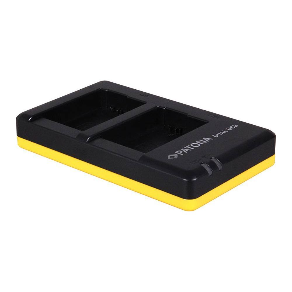 Schwarzes Ladegerät mit gelbem Rand, zwei Steckplätzen und „PATONA DUAL USB“.