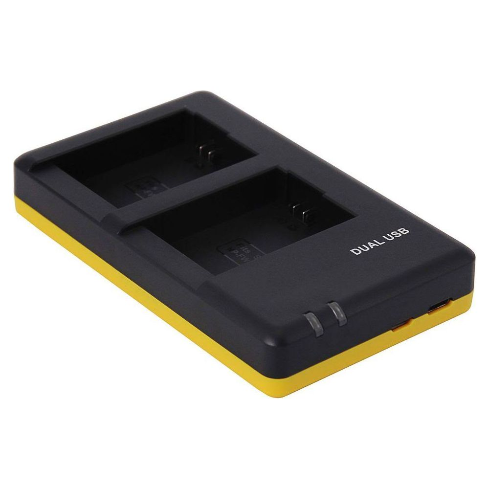 Ein schwarzes und gelbes Dual-USB-Ladegerät für Kameras mit zwei Steckplätzen.