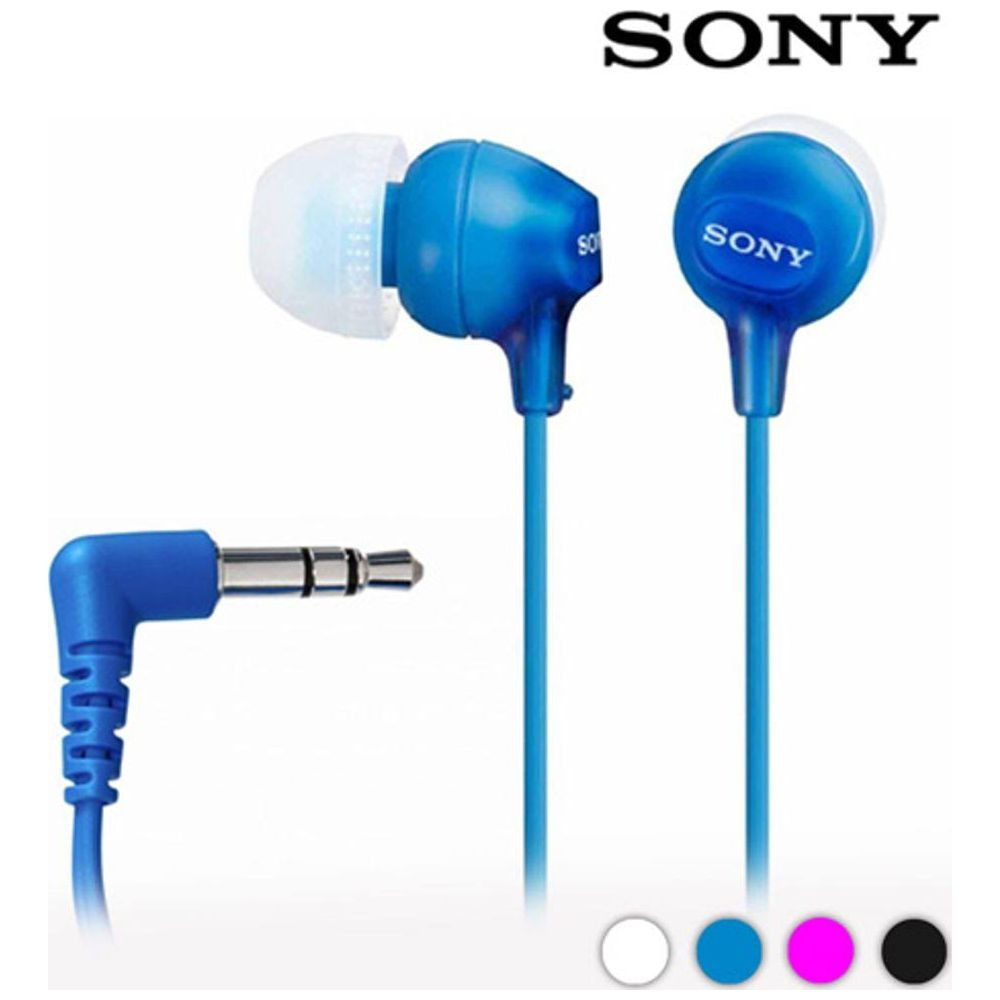 Auriculares Sony azules con jack en ángulo y opciones de color abajo.