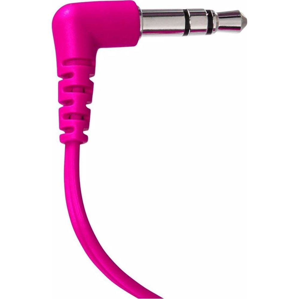 Un cable de audio rosa de 3,5 mm con conector en ángulo sobre fondo blanco.