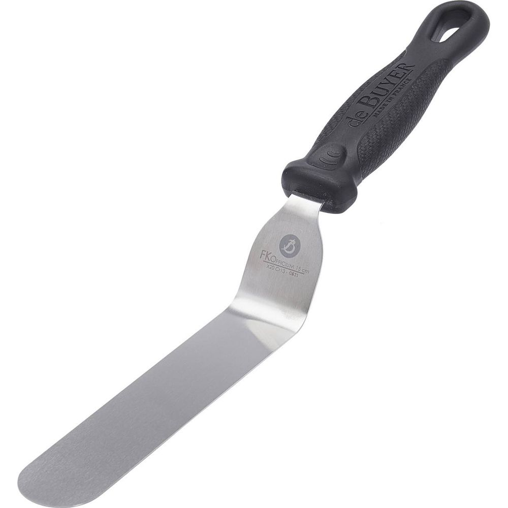 Una spatola a gomito con manico nero e lama in acciaio inox.