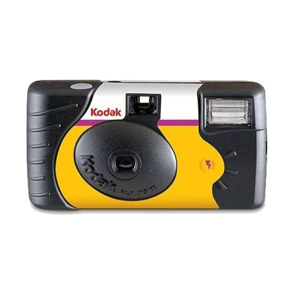 Una cámara desechable Kodak amarilla y negra con flash.