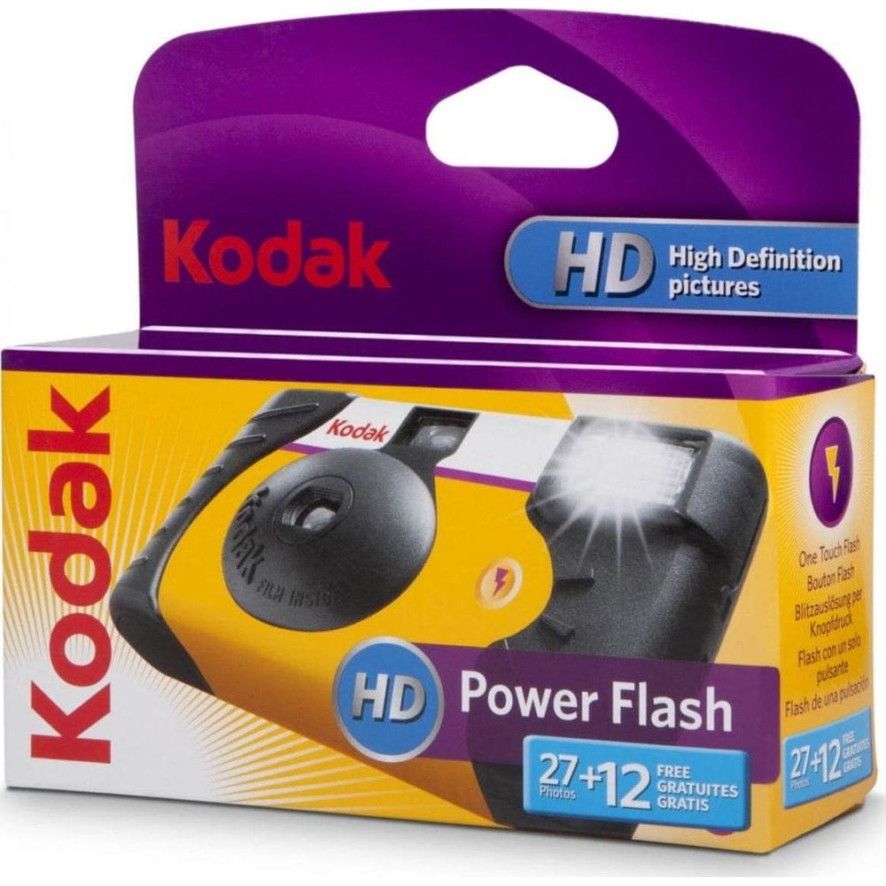 Caja de cámara Kodak HD Power Flash con imagen de cámara, texto y símbolo de flash.