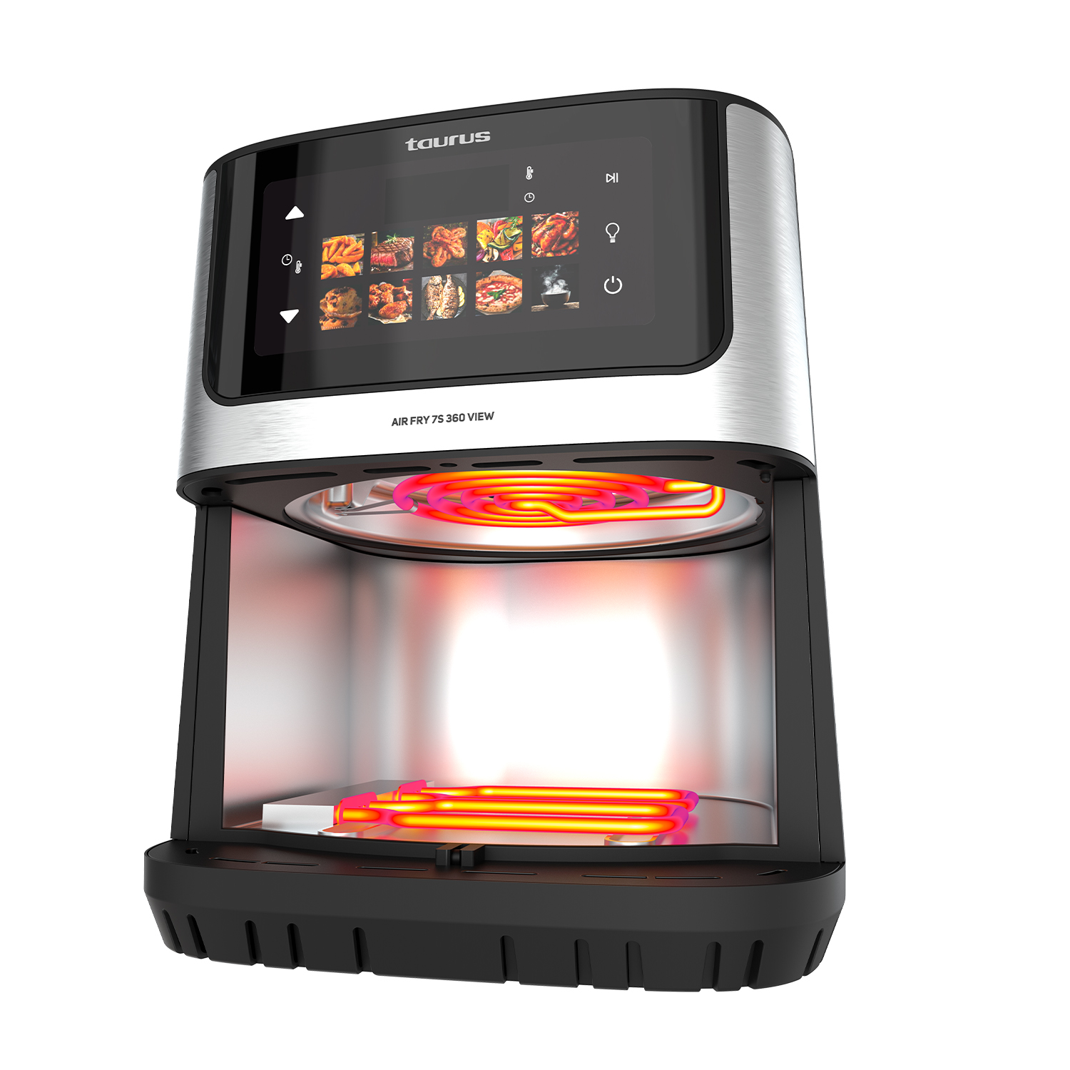 Freidora de aire Taurus con pantalla digital que muestra iconos de comida y elementos calefactores.