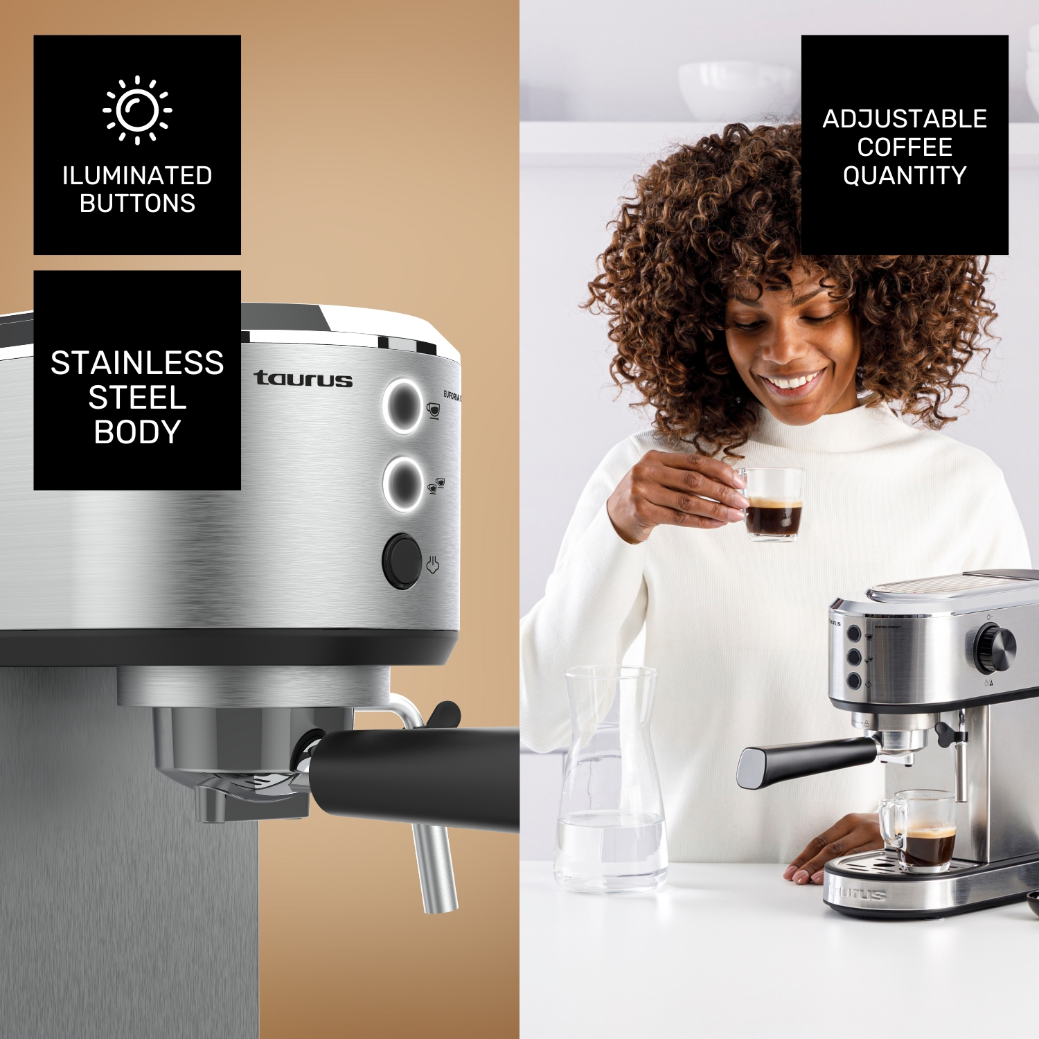 Una mujer de pelo rizado bebe espresso junto a una cafetera plateada.