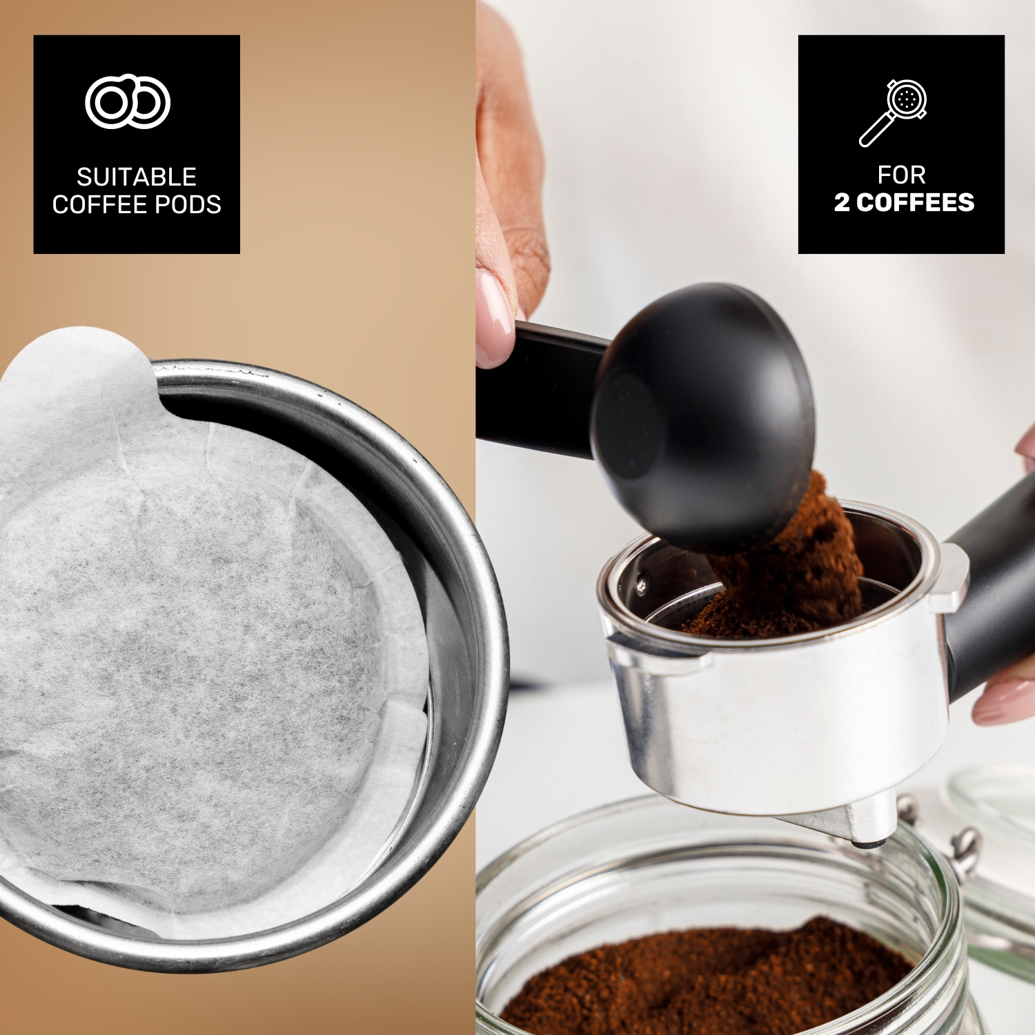 Se echan posos de café en un portafiltro, junto a una cápsula de café.