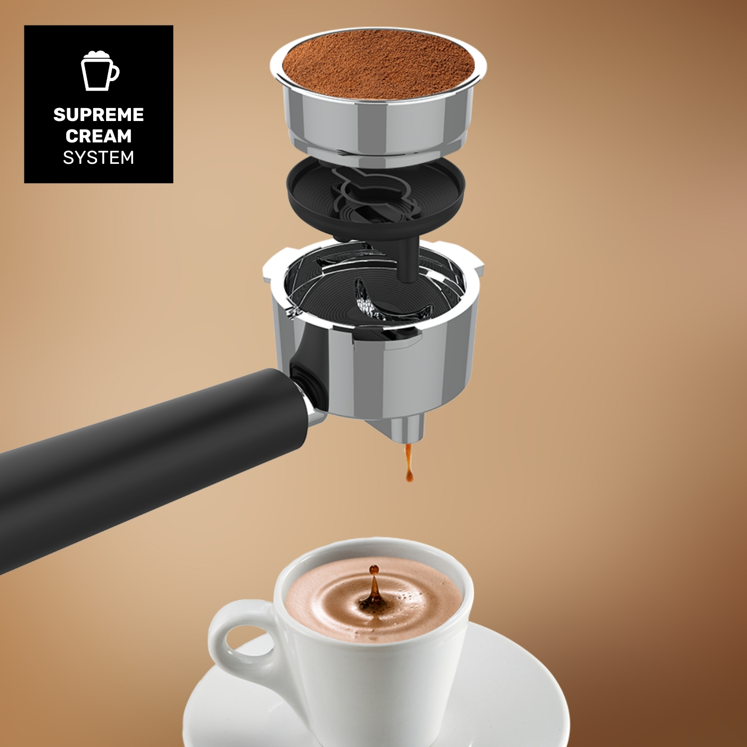 Pieza de cafetera con café molido, goteando en una taza.