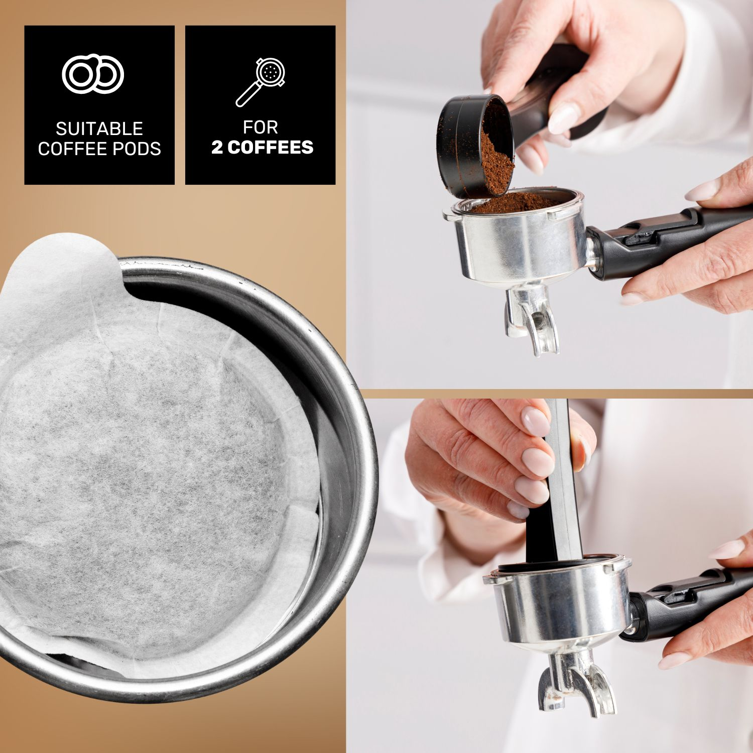 Se agregan granos de café a un portafiltro. Se ve un recipiente con cápsulas de café.