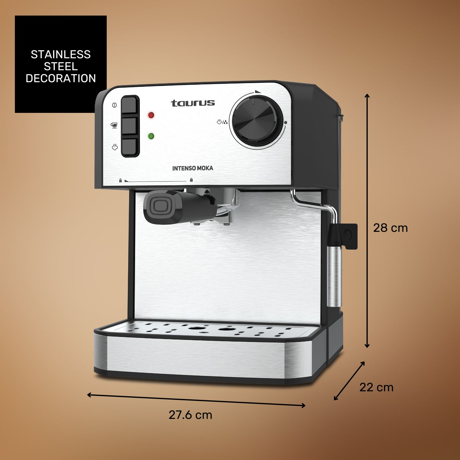 Una cafetera Taurus Intenso Moka con decoración de acero inoxidable.