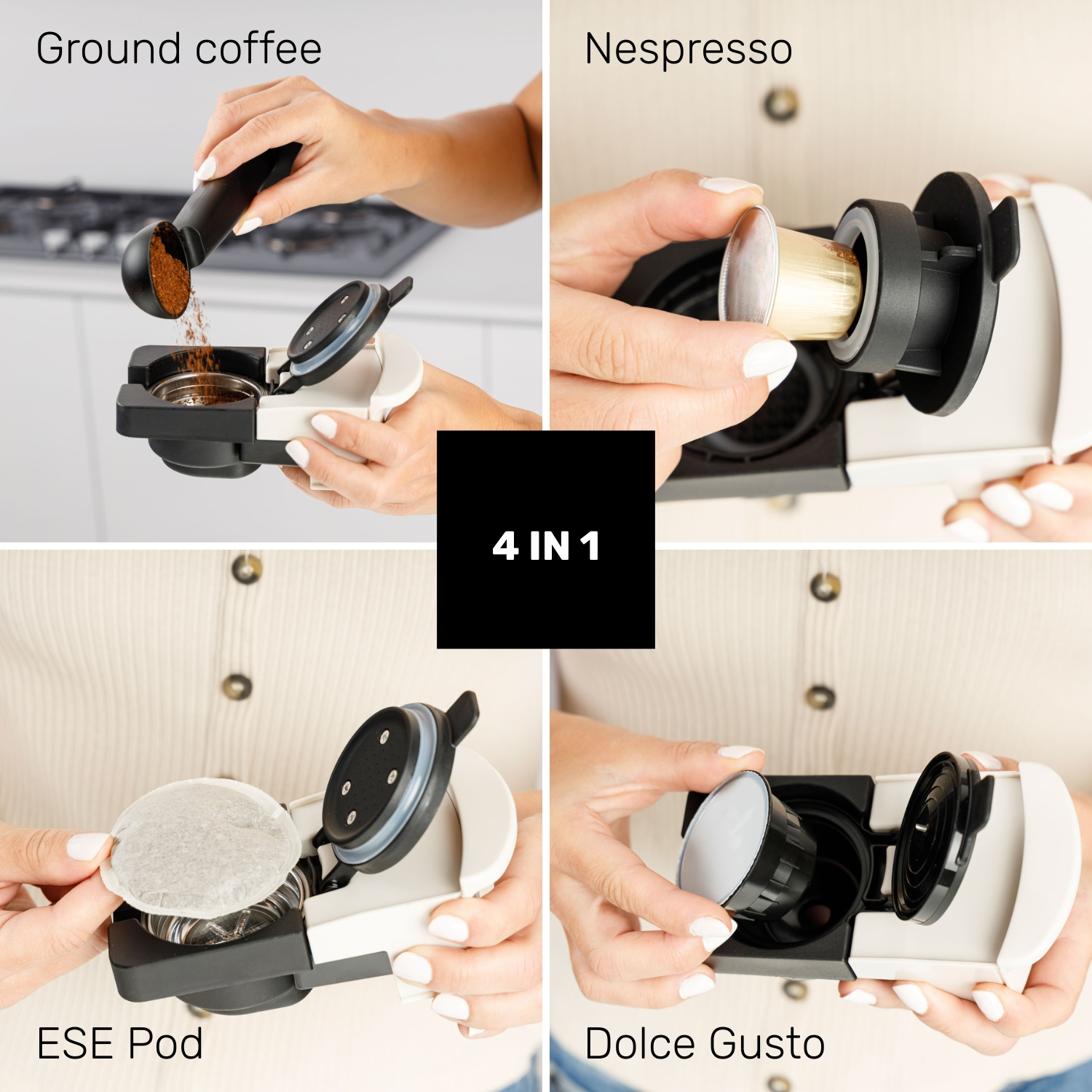 Máquina de café muestra 4 opciones: café molido, Nespresso, ESE pod, Dolce Gusto.
