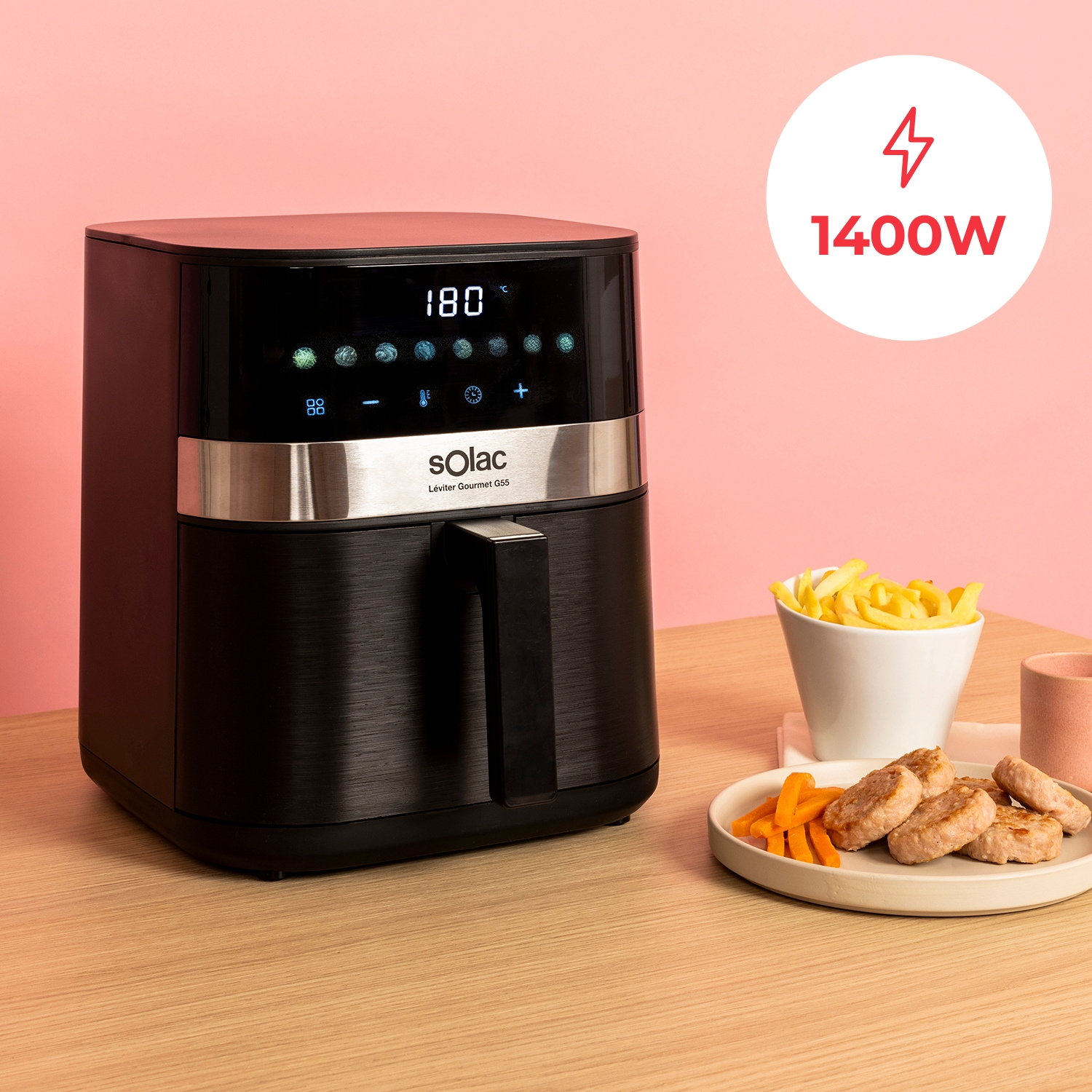 Freidora de aire negra con pantalla digital, comida e icono de 1400W.