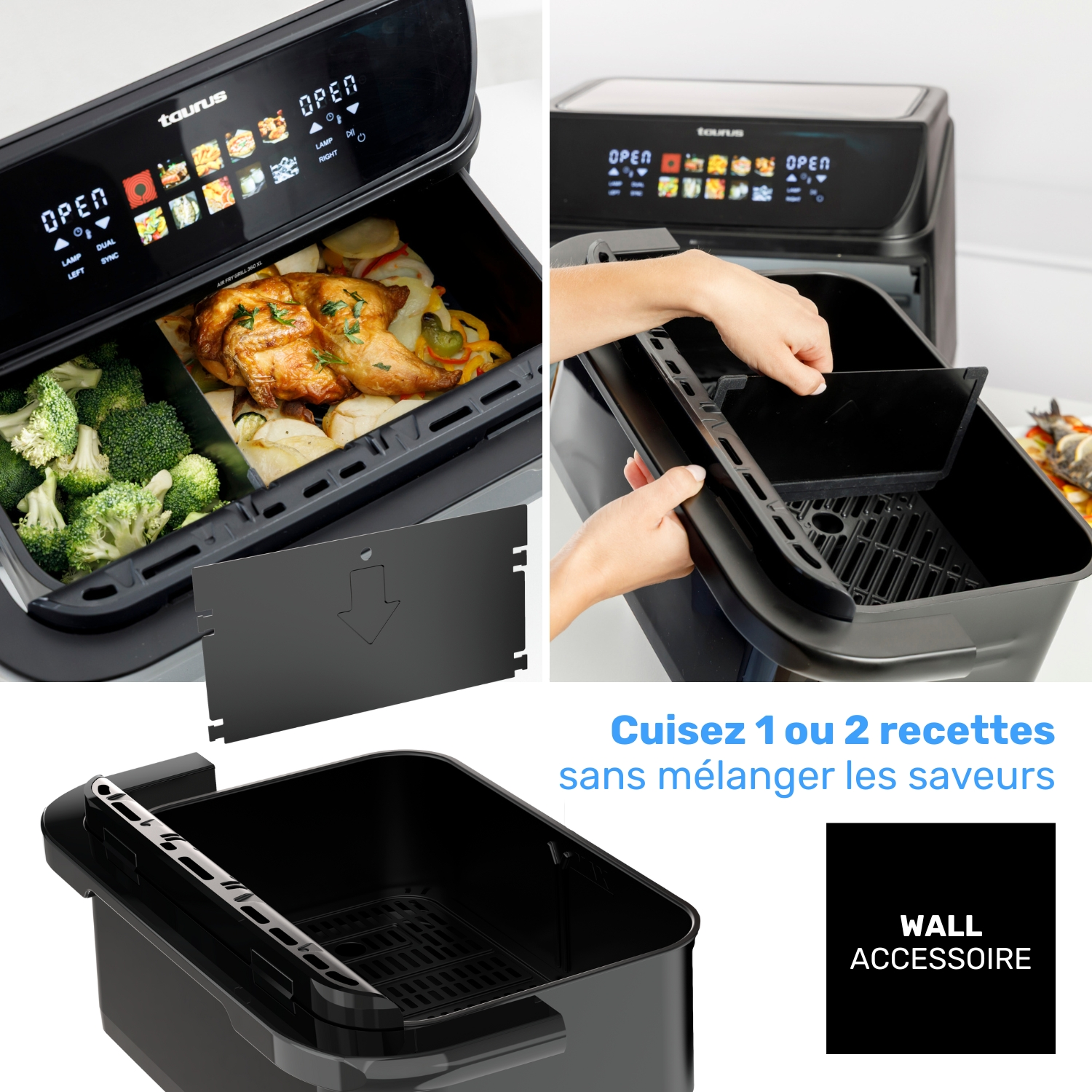 Freidora de aire de doble compartimento con pollo, brócoli, patatas y pimientos.