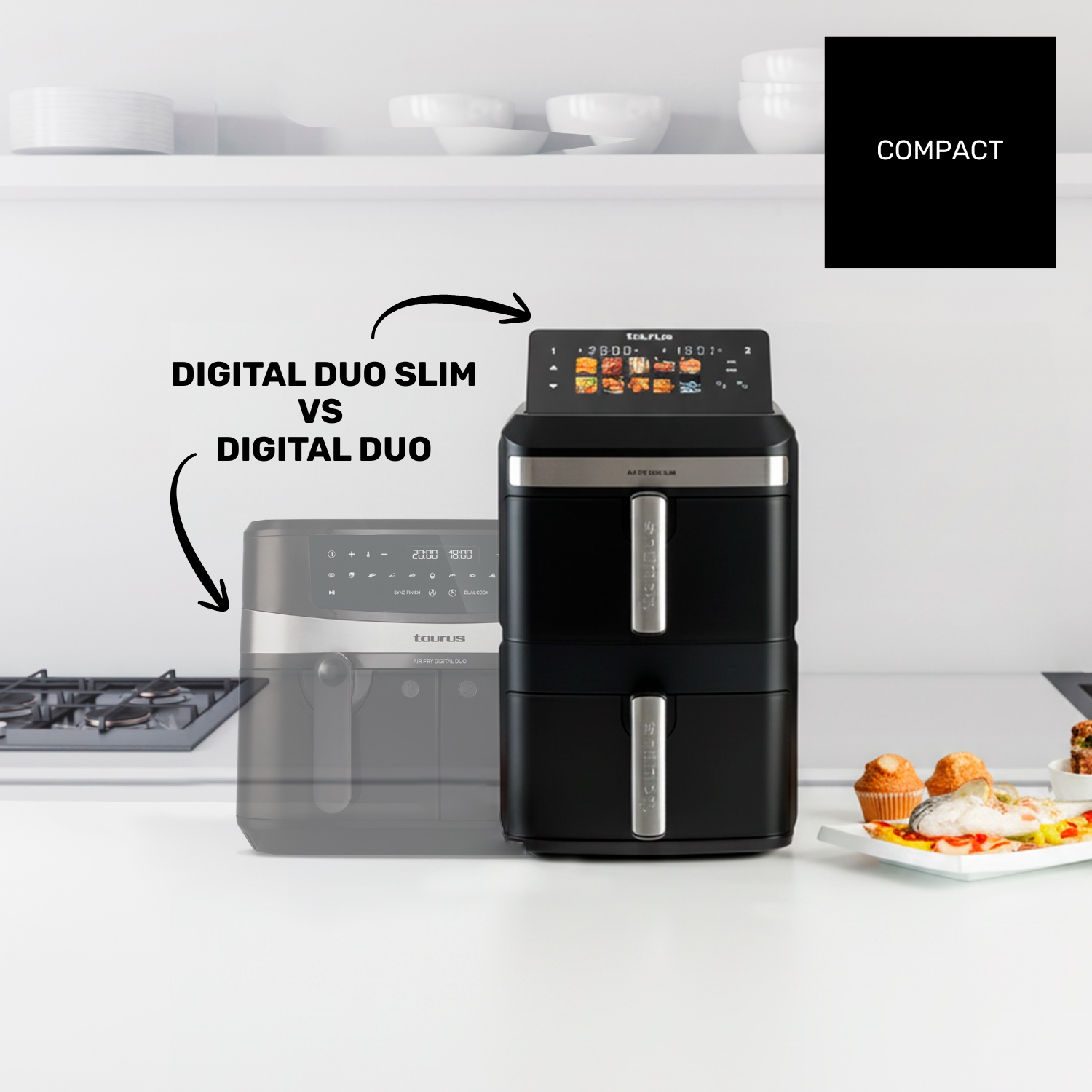 Dos freidoras de aire Taurus: una digital Duo Slim más delgada y una digital Duo.