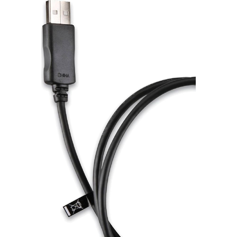 Schwarzes USB-Kabel mit Stecker, auf dem CHINA steht.