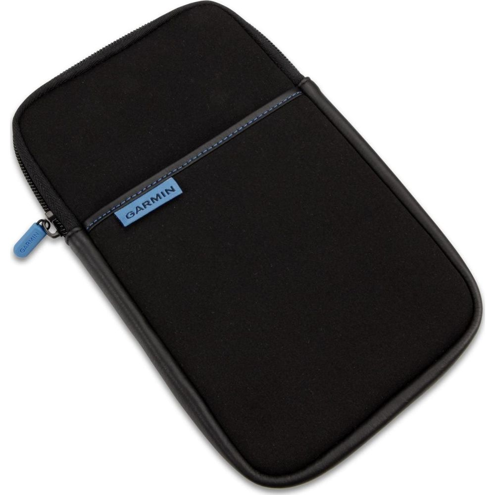 Schwarze Garmin-Tasche mit Reißverschluss und blauem Logo, auf weißem Hintergrund.
