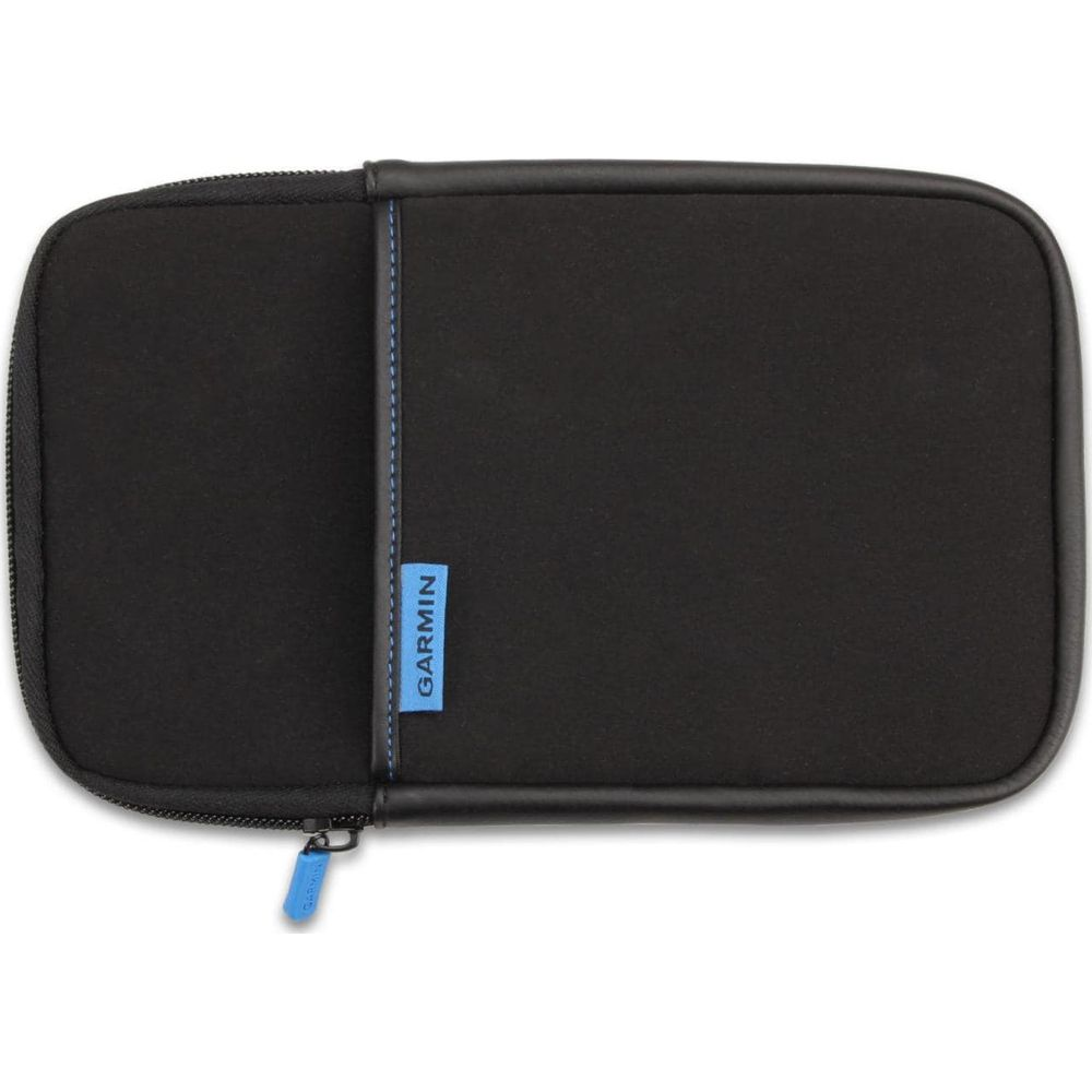 Schwarze Garmin-Tasche mit blauem Reißverschluss und Naht.