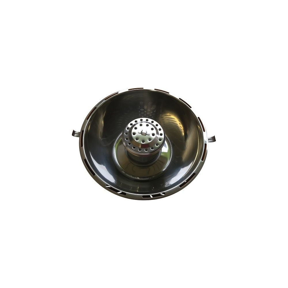 Błyszczący metalowy reflektor z perforowaną częścią środkową.