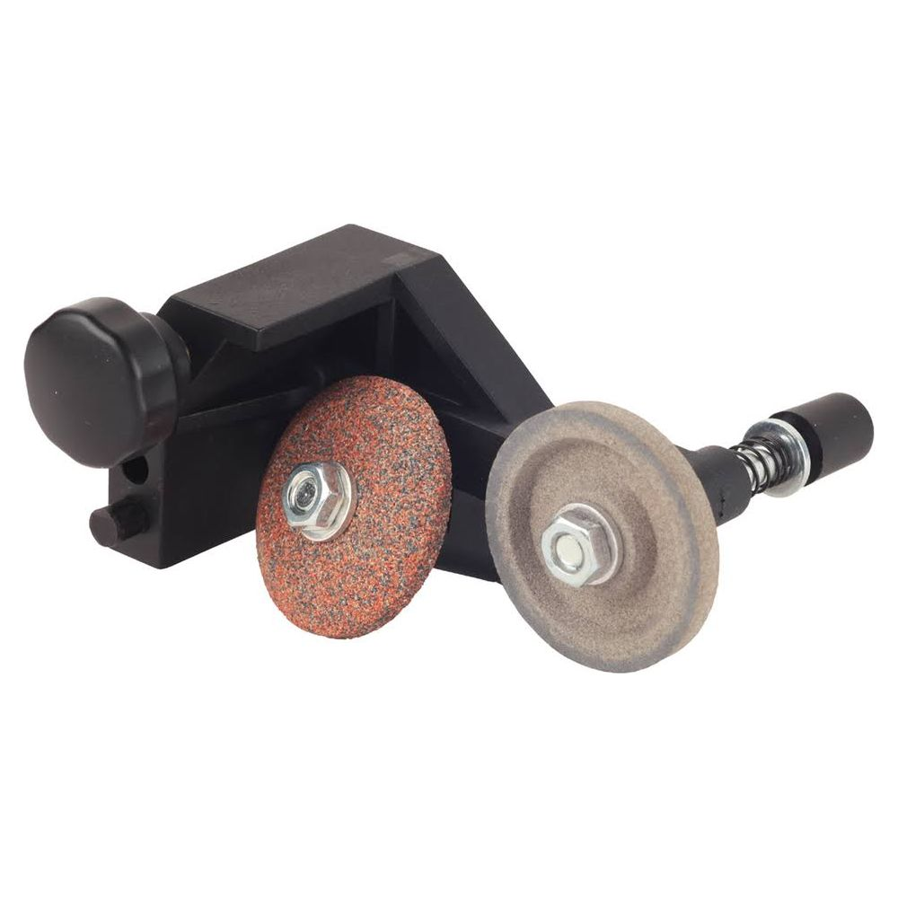 Un outil noir avec deux meules, une orange et une grise.