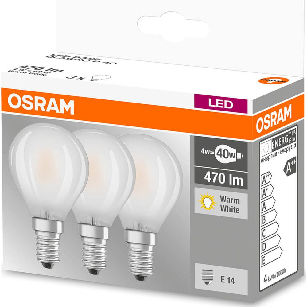 Żarówki LED OSRAM: 3 szt., 4W=40W, 470 lm, trzonek E14, Ciepła Biel.