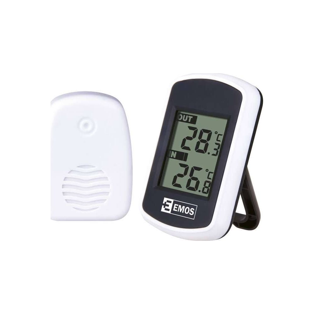 Cyfrowy termometr z czujnikiem zewnętrznym. Pokazuje 28,3°C (na zewnątrz) i 26,8°C (wewnątrz).