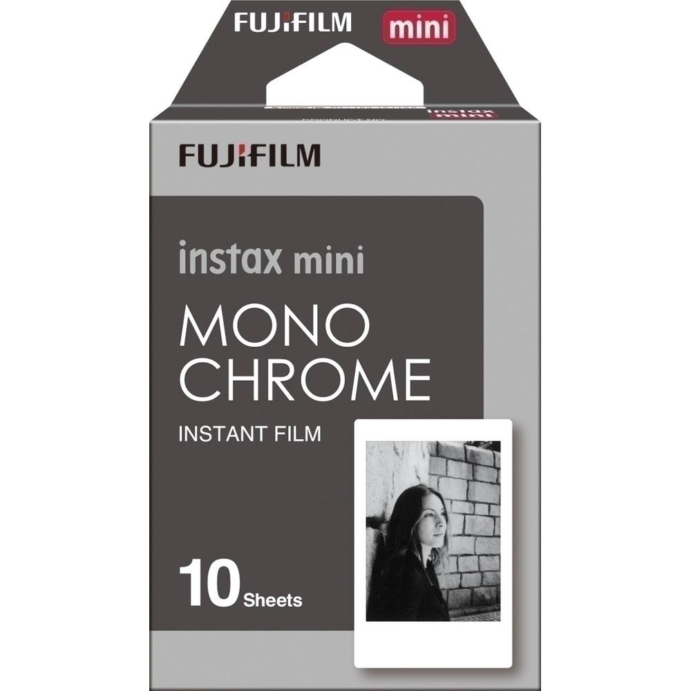 Caja de película instantánea Fujifilm Instax Mini Mono Chrome con 10 hojas y foto.