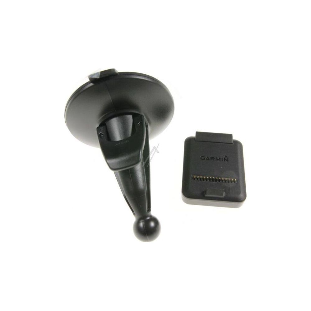 Czarny uchwyt na przyssawkę i czarna ładowarka Garmin na białym tle.