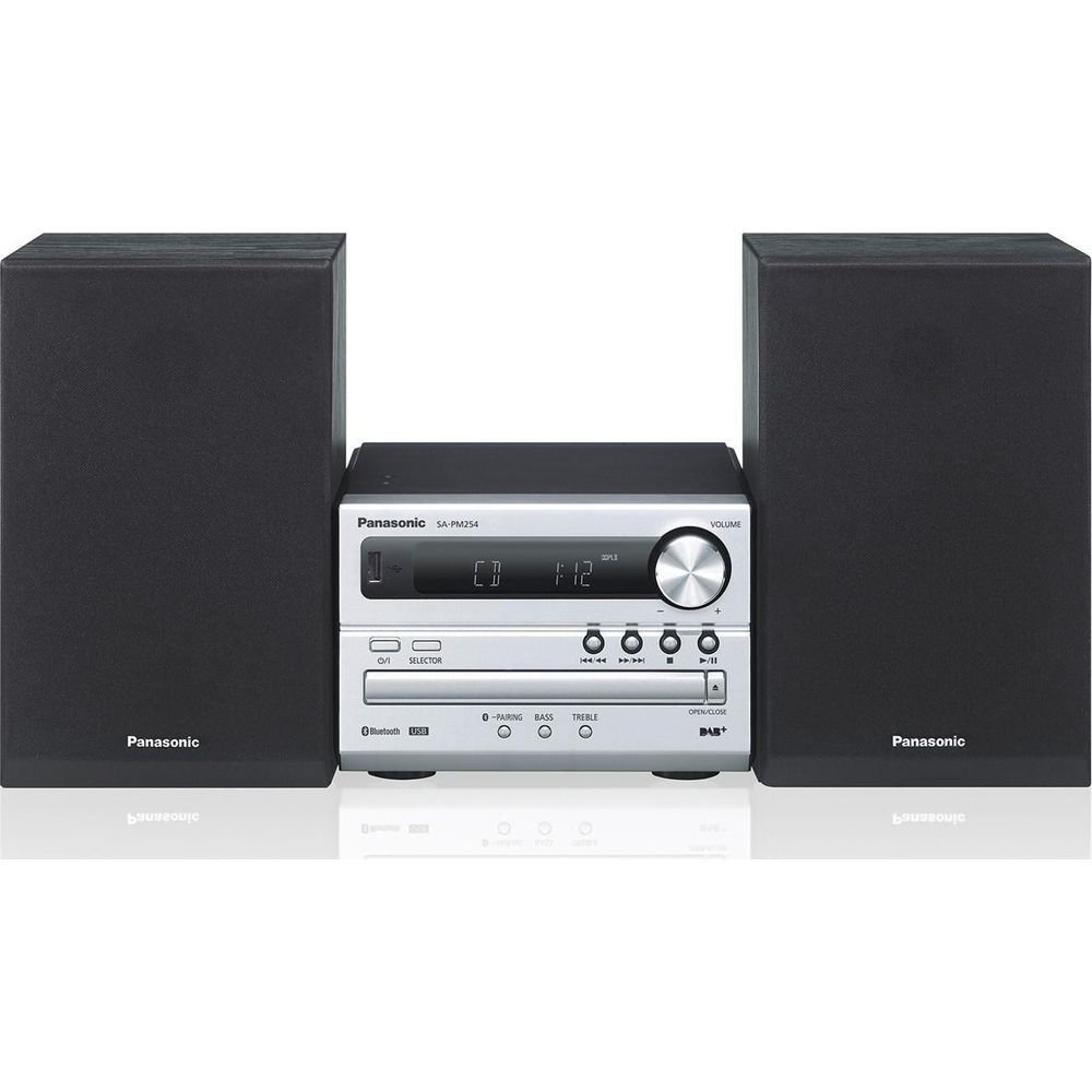 Ein Panasonic CD-Mikrosystem mit zwei schwarzen Lautsprechern.
