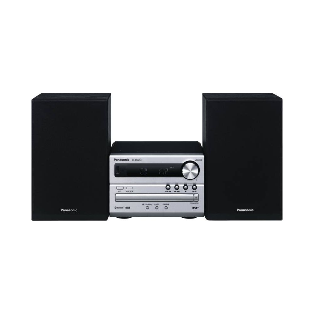 Kompakte Panasonic Stereoanlage mit CD-Player, zwei schwarzen Lautsprechern.